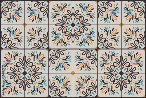 Seamless patchwork tile with Islam, Arabic, Indian, ottoman motifs. Majolica pottery tile. Portuguese and Spain decor. Ceramic tile in talavera style. Vector illustration.