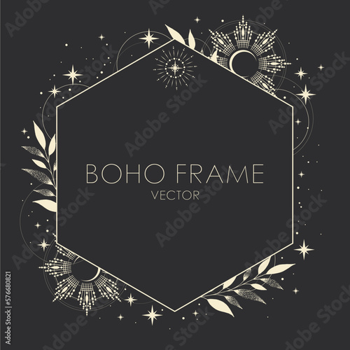 Boho vector frame with stars. Elegant ornament. Mystic frame for tarot, esoteric, astrology design. Template for poster and prints.