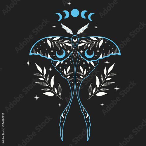 Vector illustration of night moon moth. For print for T-shirts and bags, decor element. Mystical and magical, astrology illustration