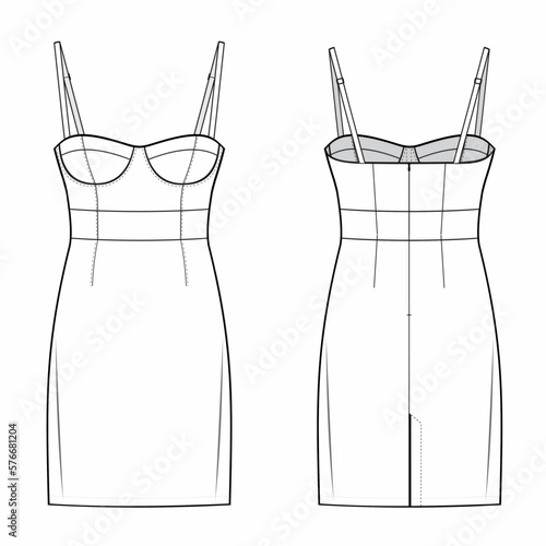 Spaghetti Straps Bustier Bodycon Dress with molded cup and adjustable straps, thigh length. fashion flat technical drawing template. Flat apparel Dress template front and back, white color.CAD mockup. photo