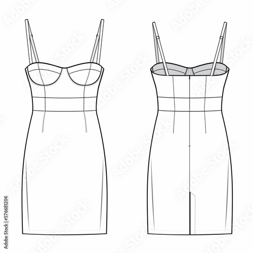 Spaghetti Straps Bustier Bodycon Dress with molded cup and adjustable straps, thigh length. fashion flat technical drawing template. Flat apparel Dress template front and back, white color.CAD mockup.