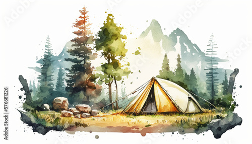 Hiking in the Wilds, camping in a tent - Watercolor - Generative AI Art
