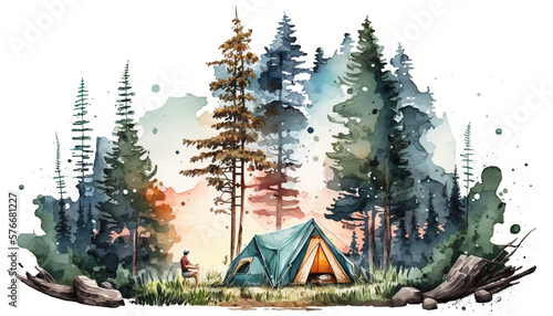 Hiking in the Wilds, camping in a tent - Watercolor - Generative AI Art