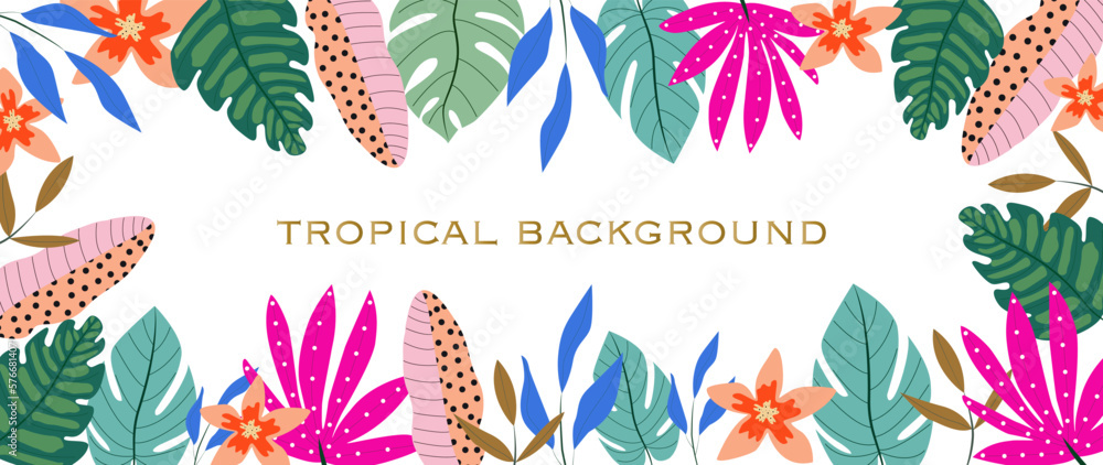 Vector illustration. Tropical background. Boho leaves, monstera, botanical tropical leaves and floral pattern. Perfect for home decor, wallpaper, wall art, social media post and story background.