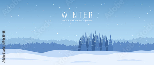 Vector illustration. Winter season. Snowy day in the forest with coniferous trees. Forest winter landscape. Horizontal banner.