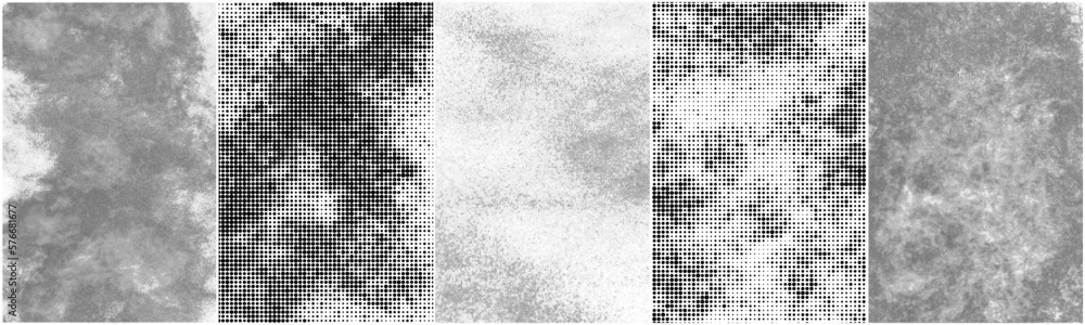 Set Of Black Halftone Texture On White Background. Modern Dotted Futuristic Backdrop. Fade Noise Overlay. Digitally Generated Image. Pop Art Style. Vector Illustration, Eps 10. Set Of Black Halftone Texture On White Background. Modern Dotted Futuristic Backdrop. Fade Noise Overlay. Digitally Generated Image. Pop Art Style. Vector Illustration, Eps 10.