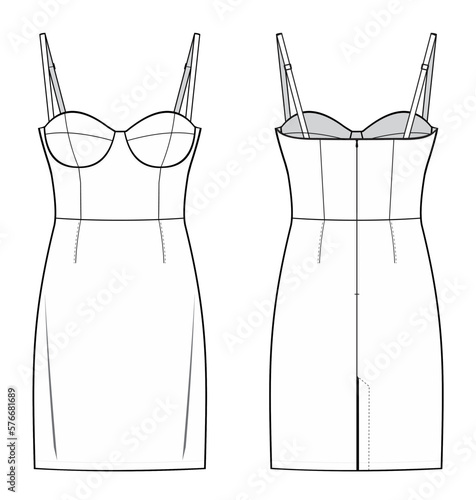 Spaghetti Straps Bustier Dress Bralette Bodycon mini fashion flat technical drawing template. Flat apparel Dress template front and back, white color. CAD mock-up.