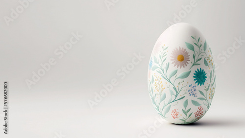 One white easter egg with beautiful floral pattern standing on light background. Generative AI