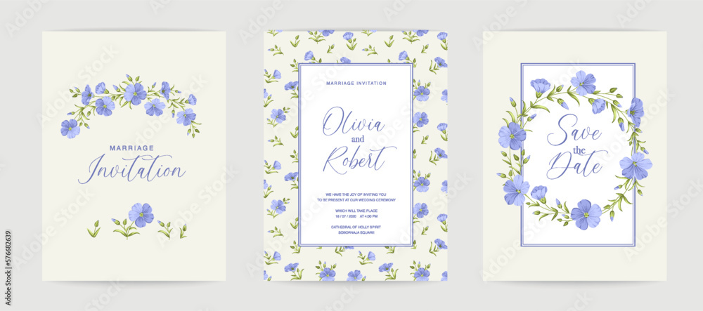 Wedding invitation. Floral linen hand-drawn illustration.