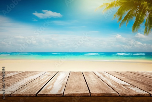 Wooden table against tropical beach background mock up for your product placement.