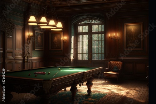 billiard room with a retro atmosphere, with a large table and beautiful lights photo