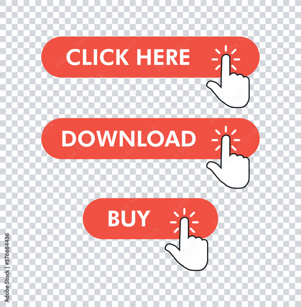 Click cursor set button with hand pointer clicking. choice web buttons