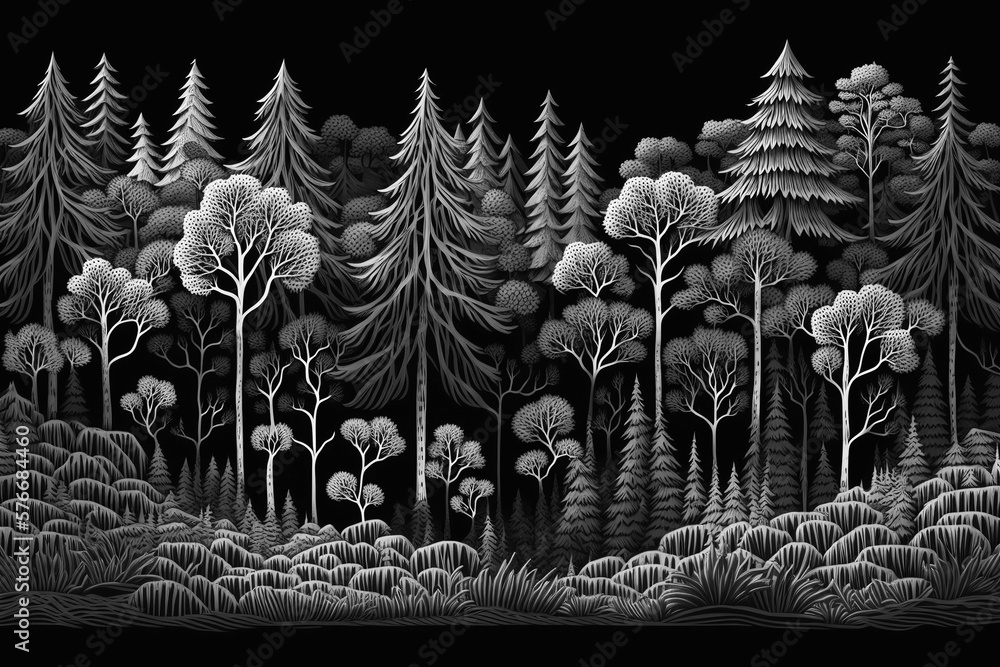 Forest Black and White Illustration Landscape with Sky and Birds Flat