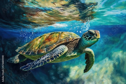 A critically endangered Hawaiian green sea turtle enjoys a swim in the warm Pacific waters off the coast of Hawaii. Generative AI
