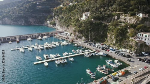 Aerial view of Cetara harbour along the coast, Amalfi Coast, Campania, Italy. photo