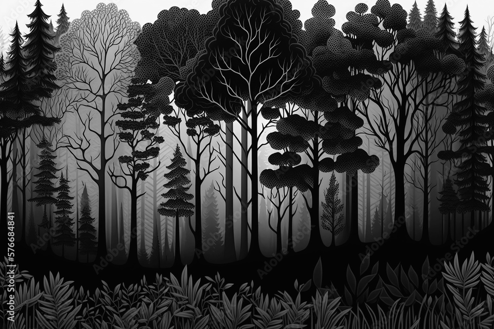 Forest Black and White Illustration Landscape with Sky and Birds: Flat
