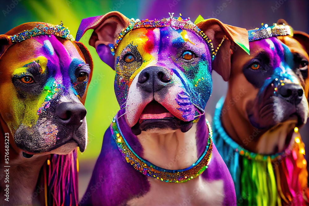 Portrait of a group of french bulldog dressed as Carnival with makeup wig, glitter collars and feather boas, with human body of a muscular torso of a bodybuilder celebrating. Generative AI.