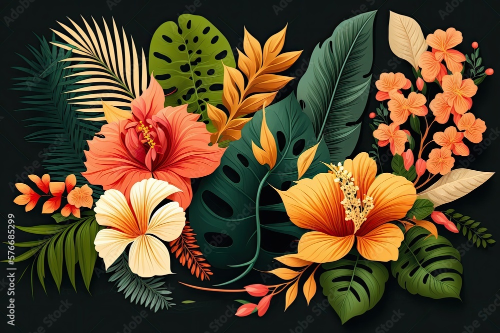 Arrangement of tropical flowers and leaves for use as a wedding invitation or card. Generative AI