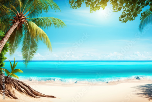 banner of tropical beach with turquoise water, white sand and palm tree. Summer and Vacation concept. Generative AI
