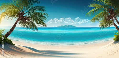 banner of tropical beach with turquoise water  white sand and palm tree. Summer and Vacation concept. Generative AI