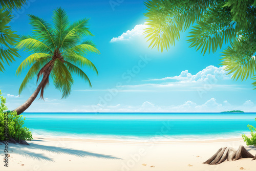 tropical beach with turquoise water, white sand and palm tree. Summer and Vacation concept. Generative AI © ArgitopIA
