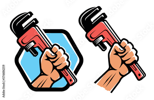 Fist holding a wrench. Workshop, technical service emblem or logo. Plumbing work Vector illustration