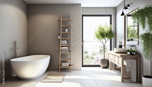 Modern light bathroom realistic interior design with white bath Generative AI