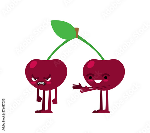 Cherry quarrels and reconciles. Two cherries are arguing. The concept of discord in relationships. Quarrel of lovers. couple reconcile
