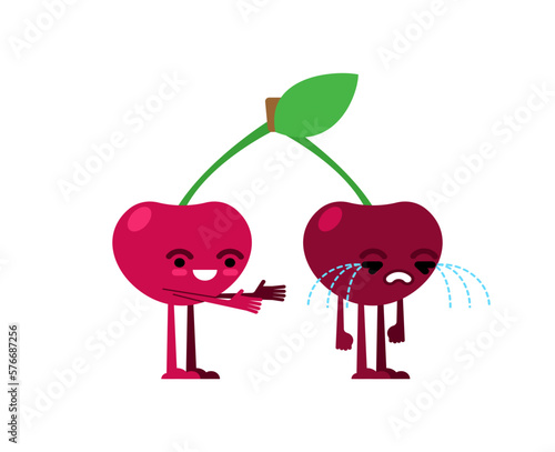 Cherry quarrels and reconciles. Two cherries are arguing. The concept of discord in relationships. Quarrel of lovers. couple reconcile