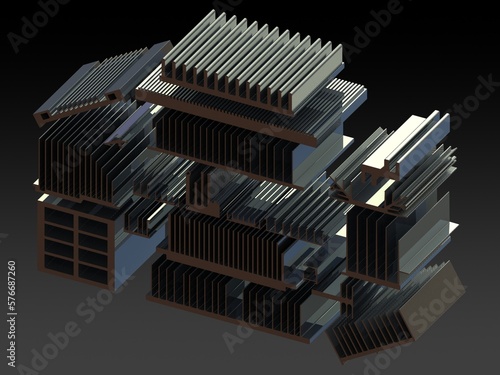 Extruded Aluminium Profile Enclosures Set for Heat Sink 3D Rendering