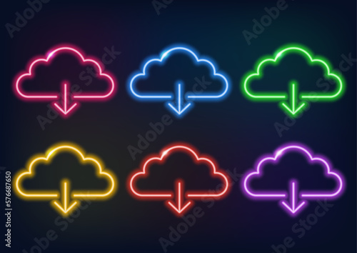 A download icon from the cloud. A neon sign, a cloud with an arrow.