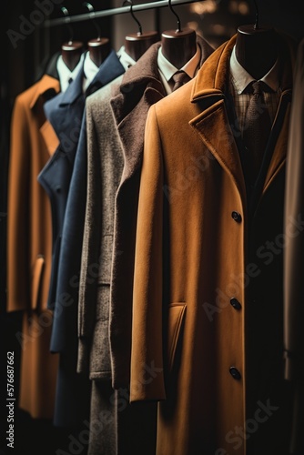 image ,men's coats hanging in a row in a retail store,generative ai