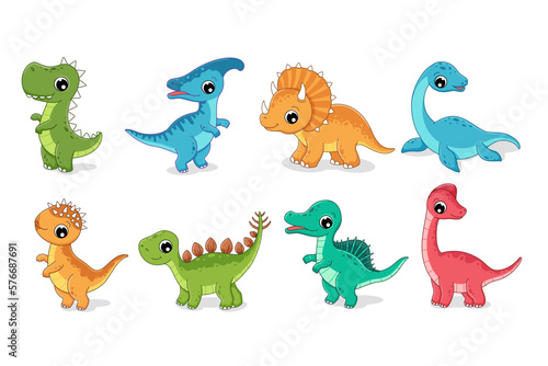 Clipart set of cute baby dinosaurs. Triceraptor  t-rex  tyrannosaurus  triceraptor  stegosaurus  pachycephalosaurus  parasaurolophus  spinosaurus. Vector illustration in cartoon style.