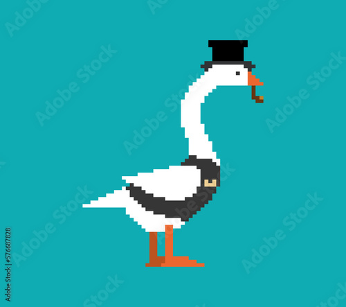 Goose aristocrat pixel art. 8 bit Goose in hat and with smoking pipe. pixelated Vector illustration