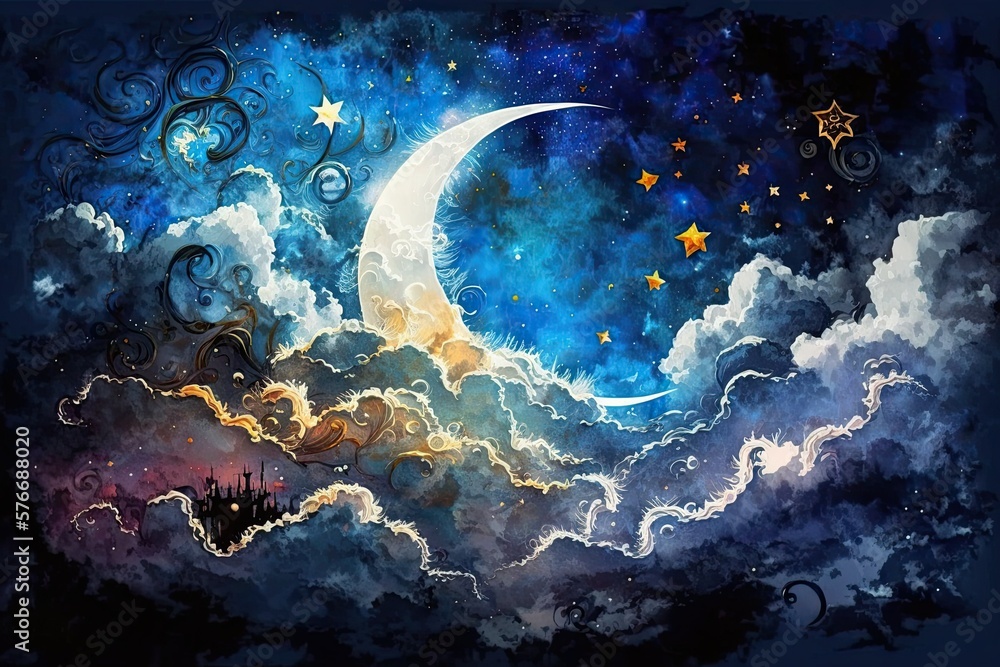 Photo Fantasy clouds, stars, and a crescent moon paint a watercolor sky Photo Fantasy clouds, stars, and a crescent moon paint a watercolor sky