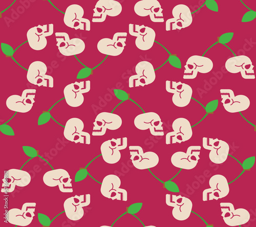 Fototapeta Naklejka Na Ścianę i Meble -  Cherry Scull pattern seamless. Cherries skeleton head background. Vector texture