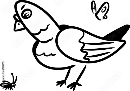 Vector drawing of a pigeon. Silhouette, contour, black and white, cartoon style, doodle, flat. Birds, dove, city, animal, cute, silly, happy, funny, nice.