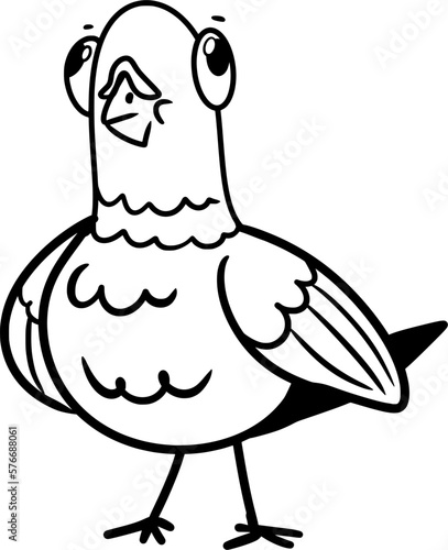 Vector drawing of a pigeon. Silhouette, contour, black and white, cartoon style, doodle, flat. Birds, dove, city, animal, cute, silly, happy, funny, nice.