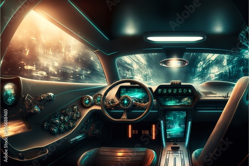 luxury car interior with cool LED lights and technical devices