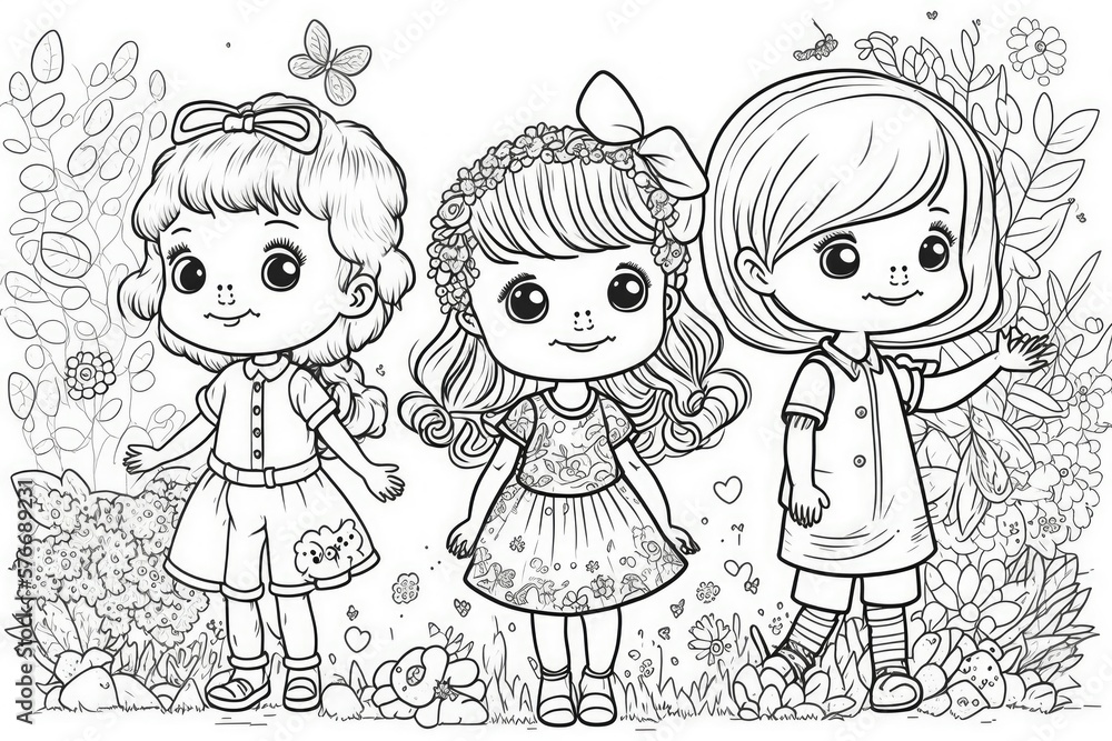 Adorable children in the garden coloring pages for kids and grownups. Generative AI