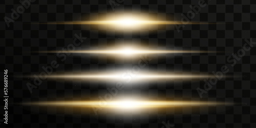 Horizontal light rays, flash yellow horizontal lens flares pack, laser beams, glow yellow line on transparent background, beautiful light flare, bright gold glare, vector illustration, eps 10.
