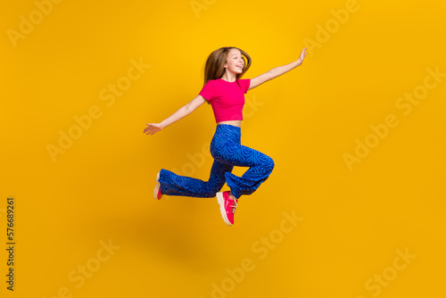 Photo of funky crazy stylish lady hurry store low prices clothes cool offer look empty space isolated on yellow color background © deagreez