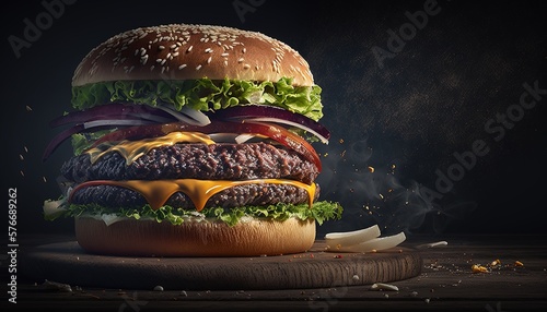 The Biggest and Most Delicious Burger You've Ever Seen on a Dark Background. Generative AI