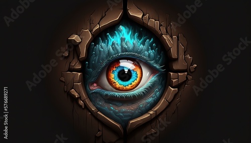 Terrifying Eye Peeking Through Keyhole on Dark Background. Create a Sense of Fear and Intrigue. Generative AI