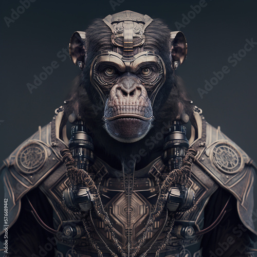 Foto Realistic lifelike chimpanzee in high end cyberpunk cyber high tech futurist arm