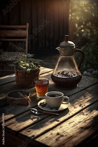 image, freshly served coffee on a wooden table in the patio, generative ai