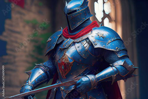 A knight in armor standing guard of the palace background. Medieval and Crusades war concept. Generative AI