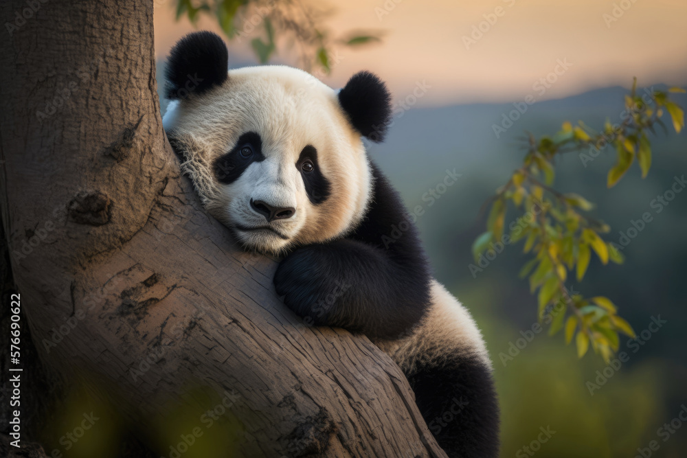 A giant panda sits on a tree at sunset. Rare panda in the wild in China. An animal from the Red Book. Photorealistic illustration generated by AI.
