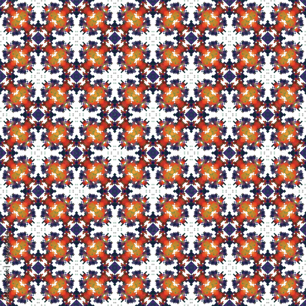Vector pixel oriental pattern made of small squares on a white background. Mosaic, background, embroidery, wallpaper, kaleidoscope, mandala. 