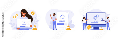 System or web application upgrade procedure set. Concept of software version update or renewal process indication. Collection flat colorful vector illustration for banner, poster.